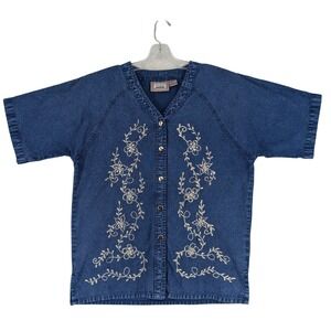 Vintage Blue Denim Embroidered Beaded Button Front Shirt Cotton Sm Grandma Core